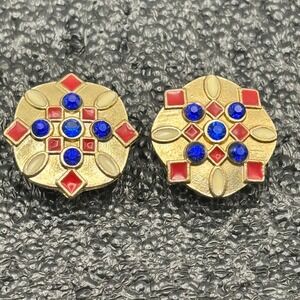 Vintage Gold Tone Enamel Mosaic Gem Earrings Red Blue Floral Post Back 1980s